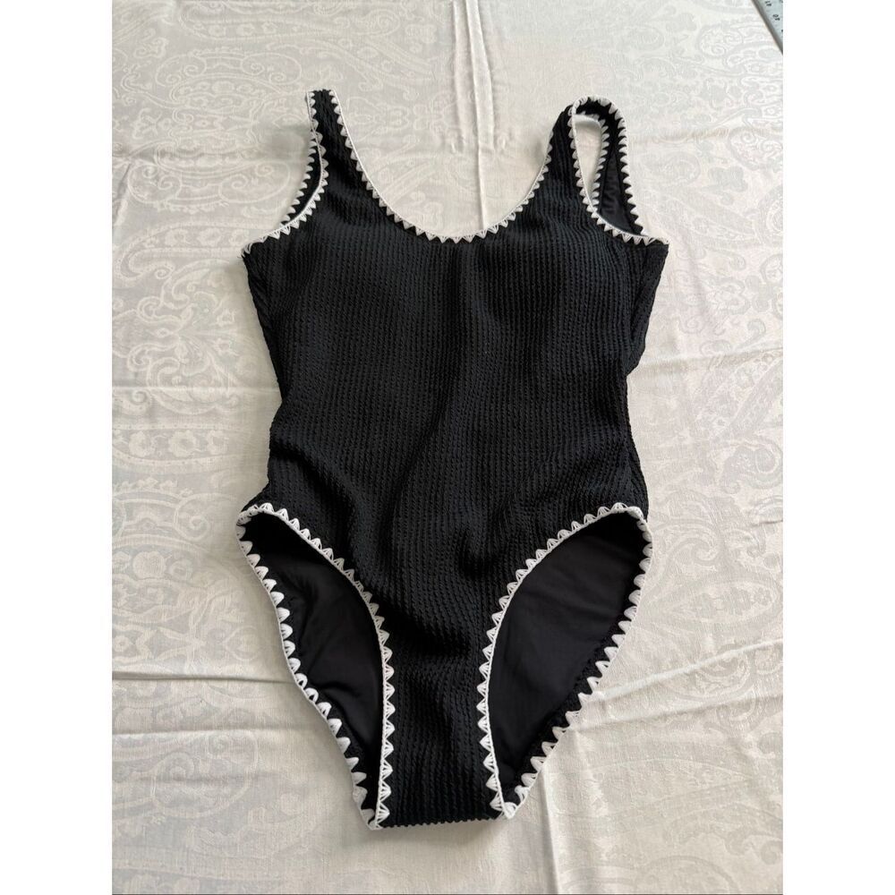 Betsey Johnson Black Textured One Piece Swimsuit White Whipstitch Trim XS New
